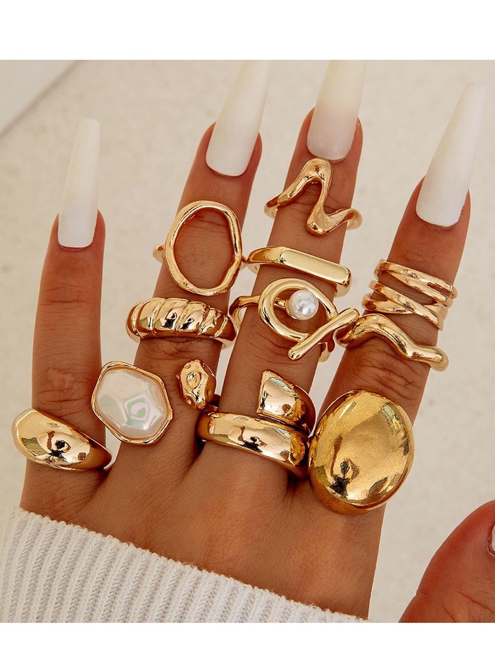 Anthropologie Gold-Tone Stackable Ring Set with Pearl and Iridescent Accent